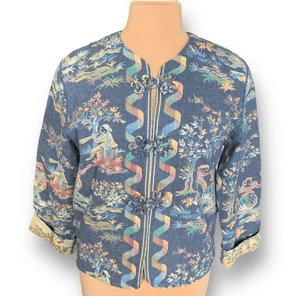 Vintage Doncaster Tapestry Jacket Blue Folk Art Pastoral Scene Blazer Size 10 - Picture 3 of 14